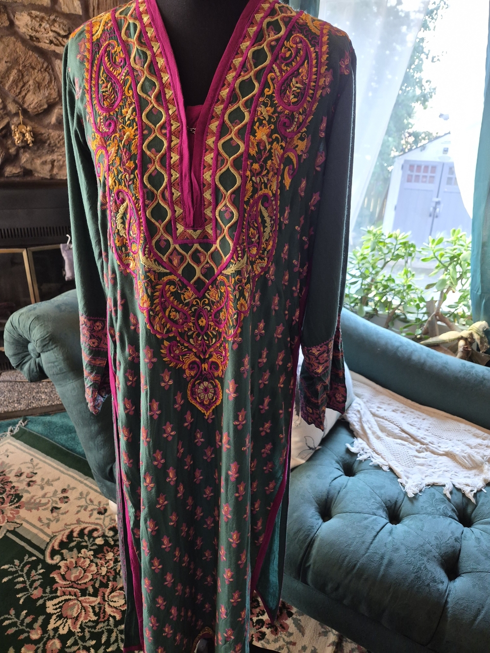 Green Long-Sleeve Embroidered Maxi Dress with Pink Accents